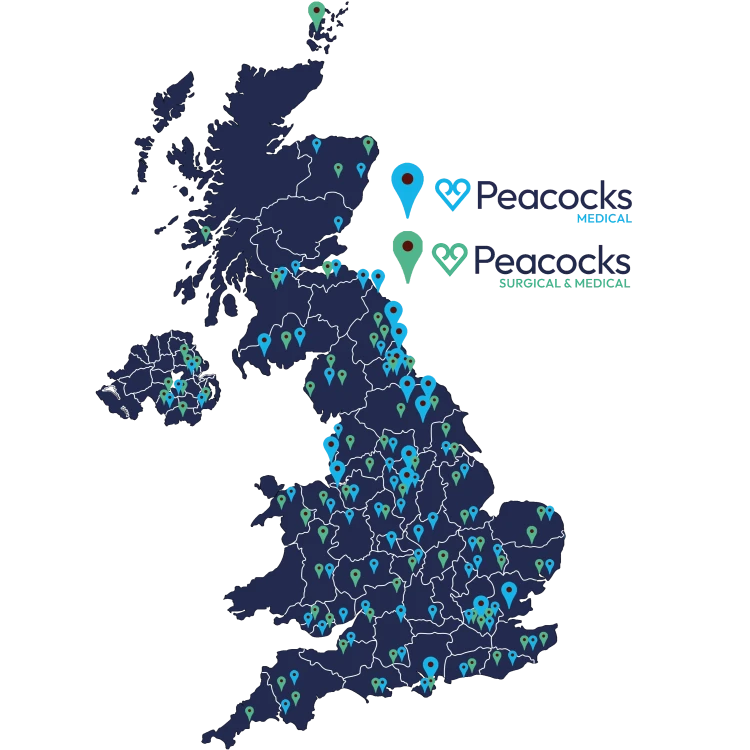 Map of Peacocks Medical Group and SME branches/hubs throughout the UK.